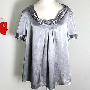 Dujour Slate Blue Shiny Blouse with Pleated Neckline, Size Large